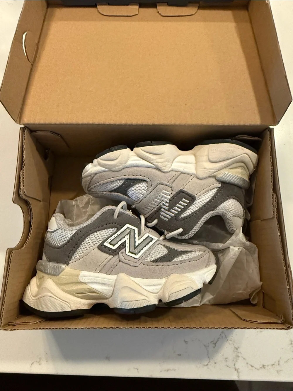 New Balance Kids Gray and White 9060 Sneakers